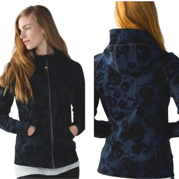 RARE: Lululemon Scuba Full Zip Hoodie Il Flat Inky Floral hHathered Blue Size 12 - Picture 3 of 10